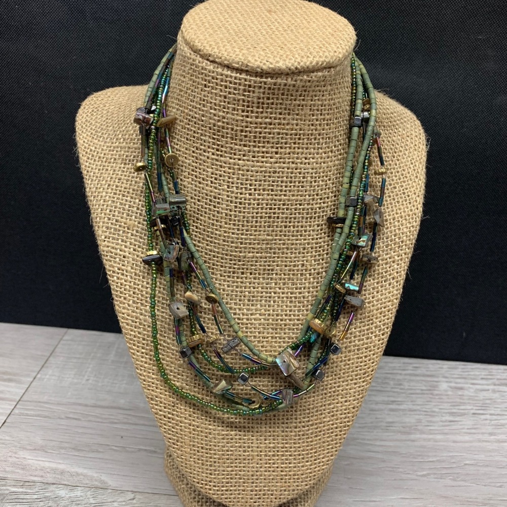 Boho Multi Strand Beaded Necklace Green Abalone Shell Iridescent 18 Inch 5774